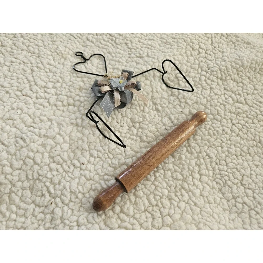 Vintage Wood Rolling Pin & Wire Hanger Holder 3 Hearts Cottage Core Granny Core